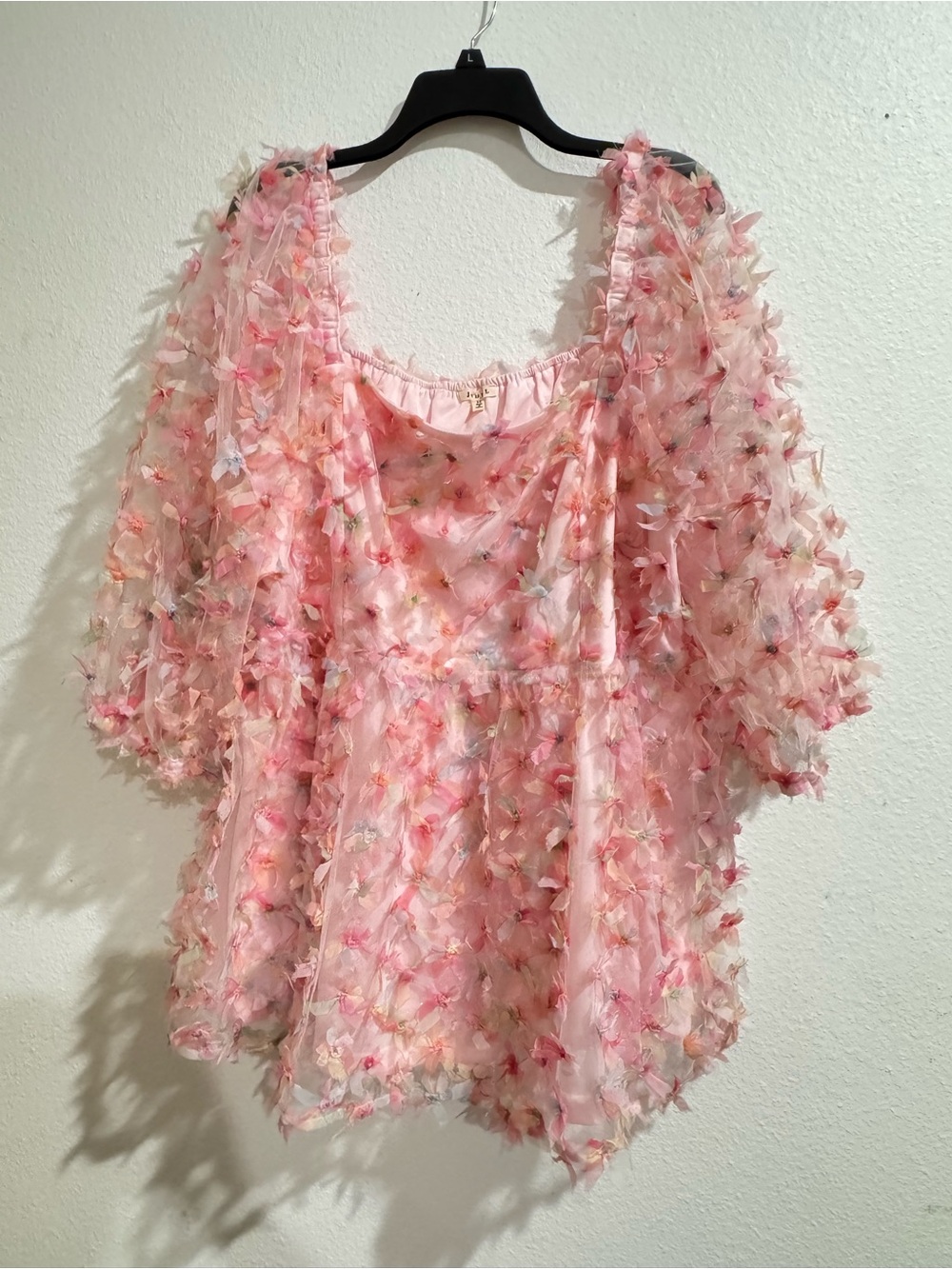 Pink Floral Textured Puff-Sleeve Women's Top